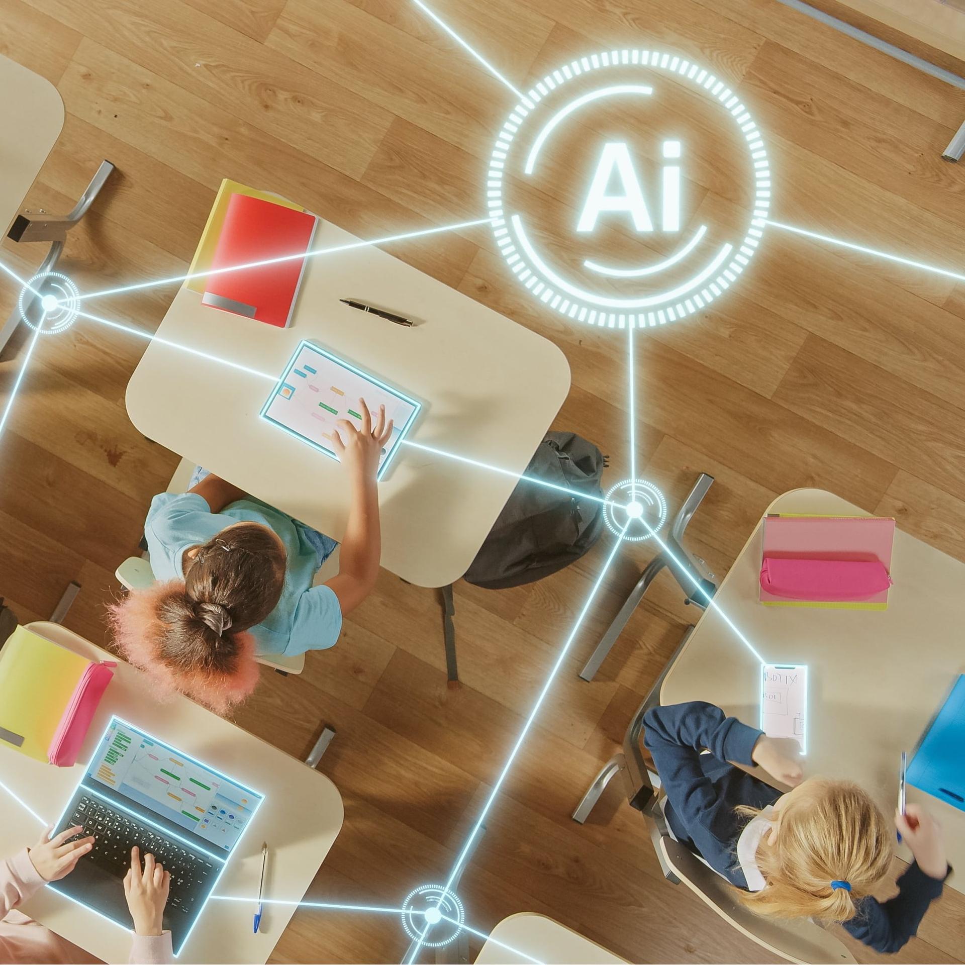 Children in classroom using laptops, tablets, and mobile devices that are connected with AI.