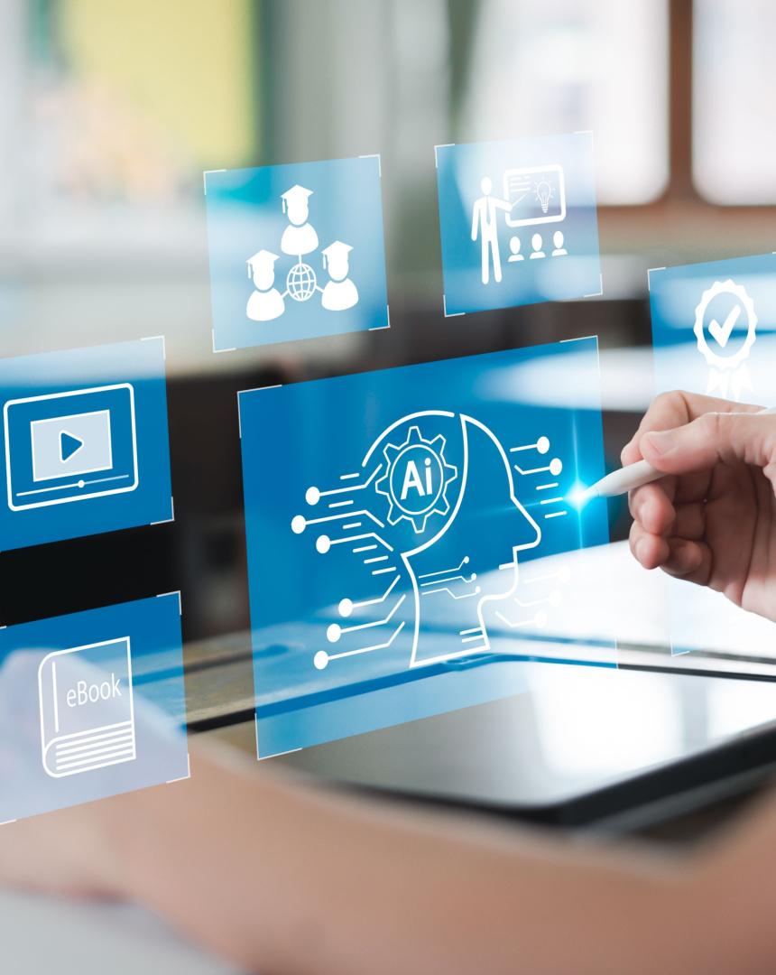 A student using a tablet pen and AI on a holographic tablet.