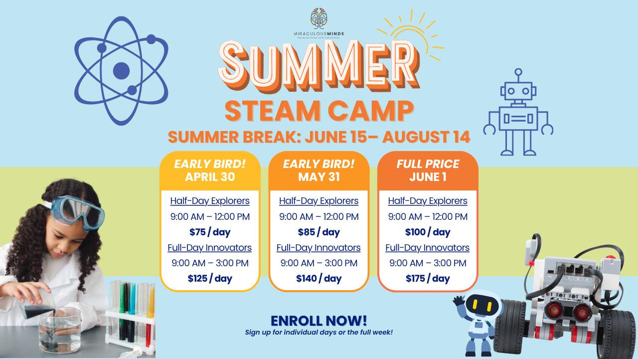 Give your child a fun, brain-boosting summer! Limited spots available! Our summer STEAM camp provides flexible options from June to August.